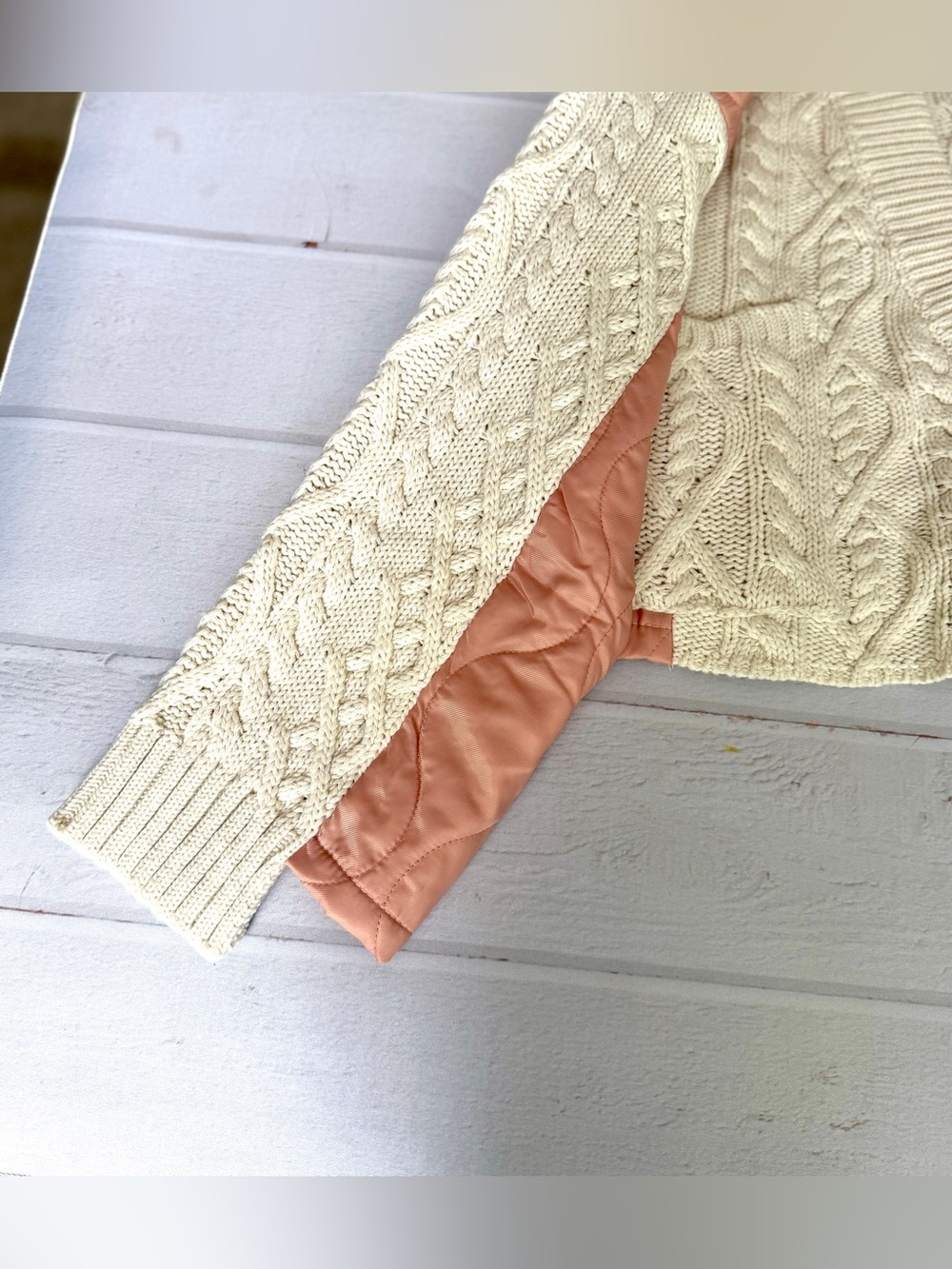 POL Cream Cable Knit Cardigan Quilted Pink Satin Patchwork Button Front Size M - Picture 9 of 15